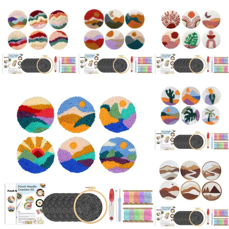 

GATYZTORY 6pcs Landscape Pattern Punch Needle Embroidery Coaster Set Sunset Punch Needle Embroidery Handmade Home Decoration