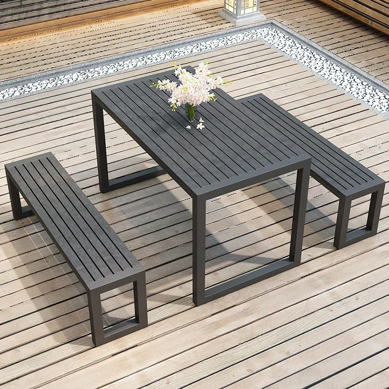 

Customizable Outdoor Wooden and Metallic Garden Dining Table , Benches and Chairs Set with parasol hole