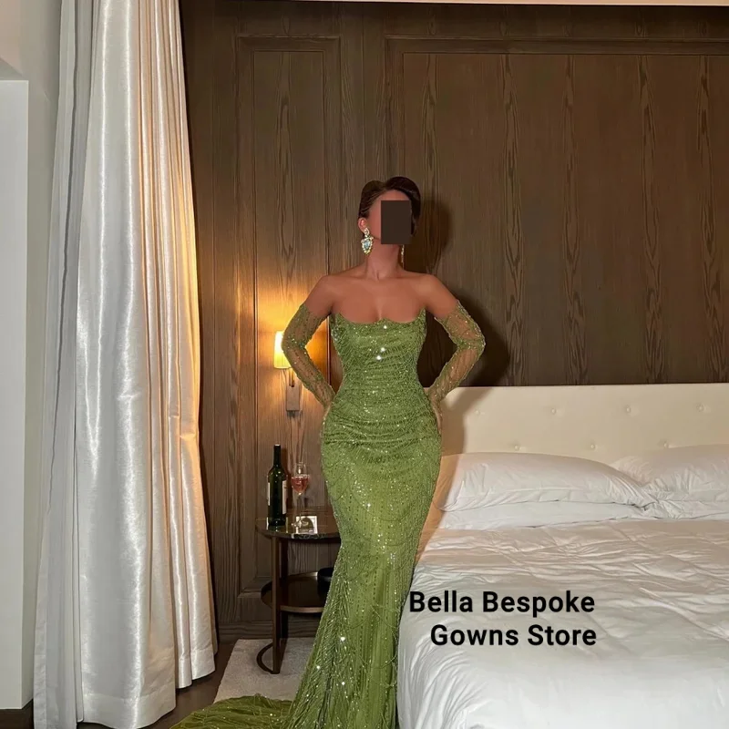 دبي فستان الزفاف حورية البحر الأخضر الترتر بدون حمالات قفازات فساتين السهرة طول الأرض فساتين السهرة حسب الطلب 2025