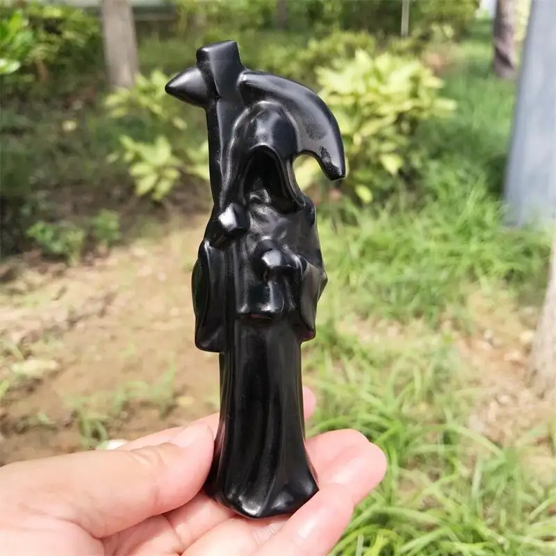 Natural Black Obsidian Death Carving Reiki Healing Fengshui Stone Home Office Decoration Gifts 1PCS