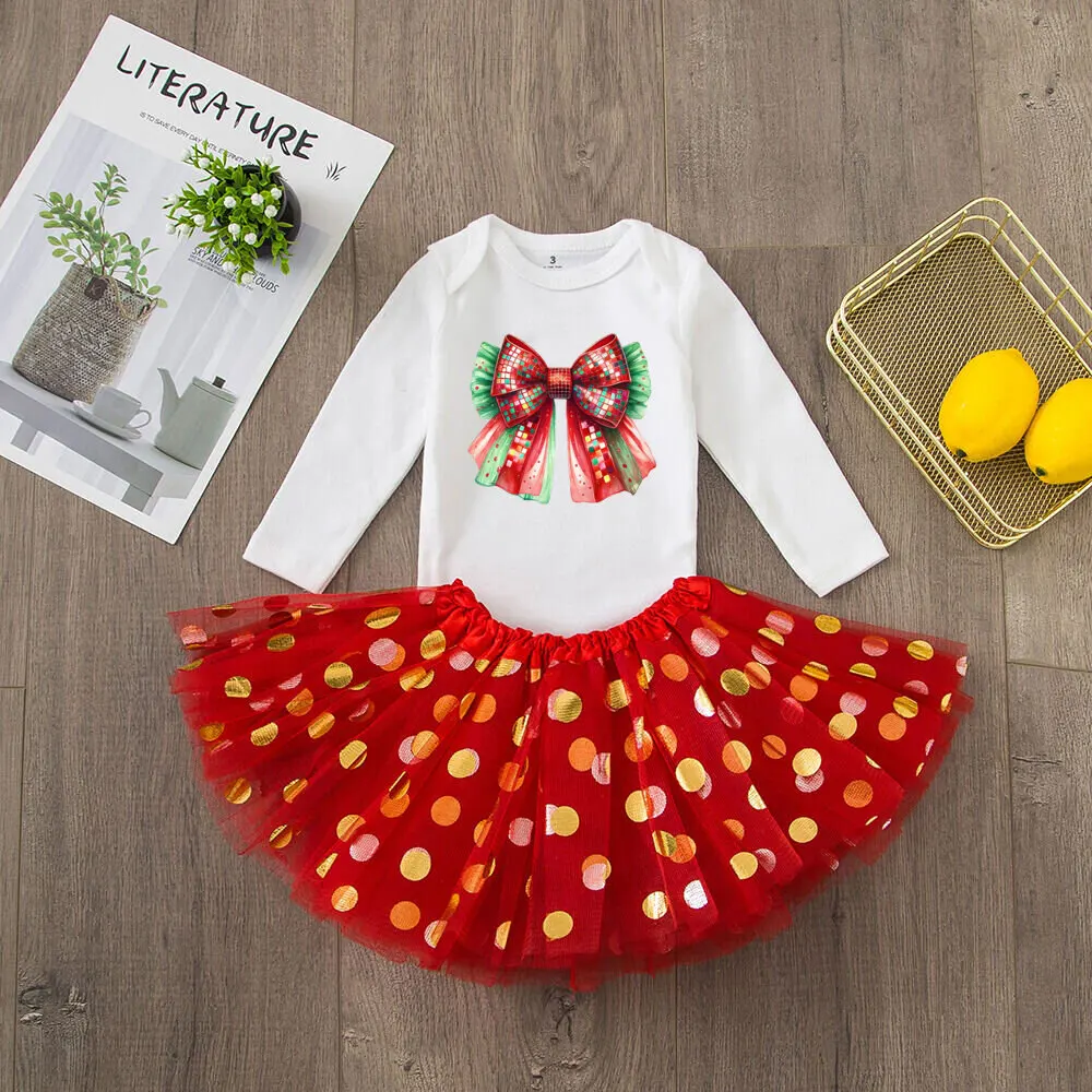 Christmas Vibes Bow Printed Baby Girls Bodysuit Tutu Set Christmas Party Girl Long Sleeve Romper Dress Infant Skirt Outfit 2 Pcs