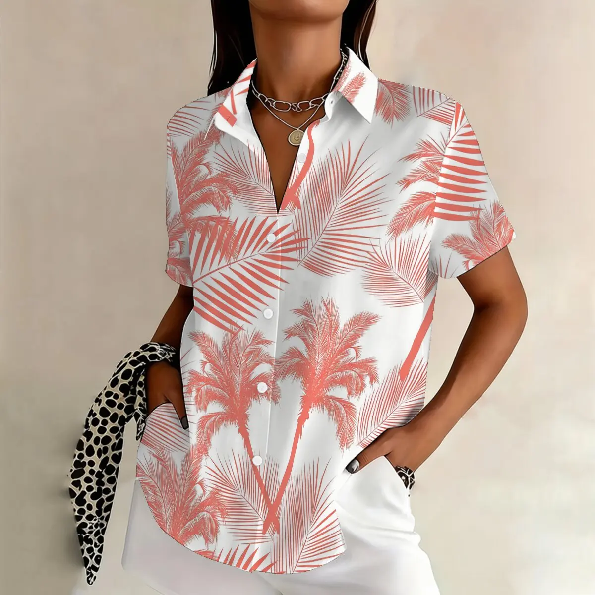 

Женская свободная рубашка больших размеров с короткими рукавами и тропическим растительным принтом, летняя тонкая рубашка в отпускном стиле, визуально стройнящая фигуру.