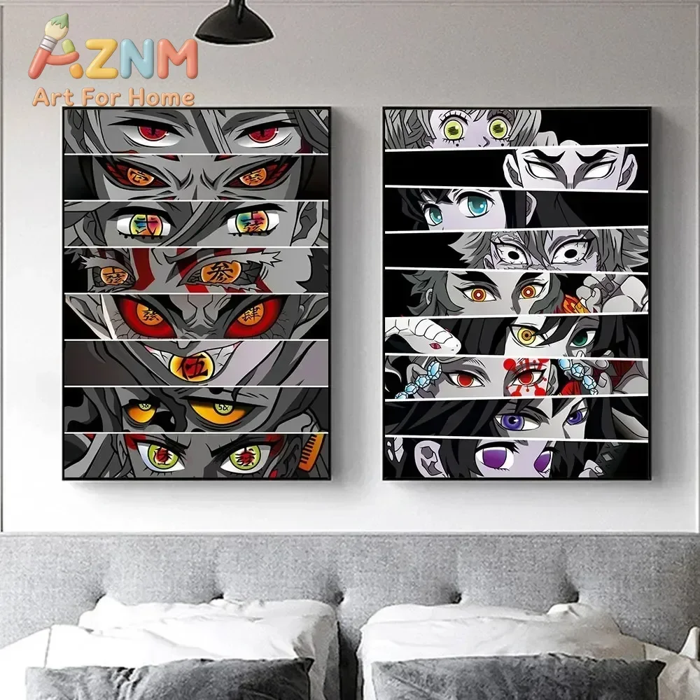 AZNM Demon Slayer Anime Eyes Collage Canvas Wall Art Manga Character Eyes Canvas Print Bedroom Home Decor Poster