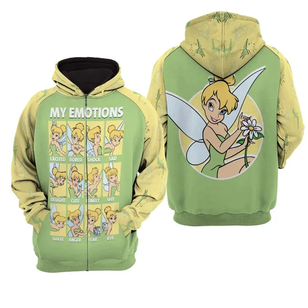 2024 Disney Tinker Bell Punk Words Pattern Hoodie Men Women's Tinker Bell Florals Hoodie 3D Zip Hoodie Fashion Ladies Sweatshirt