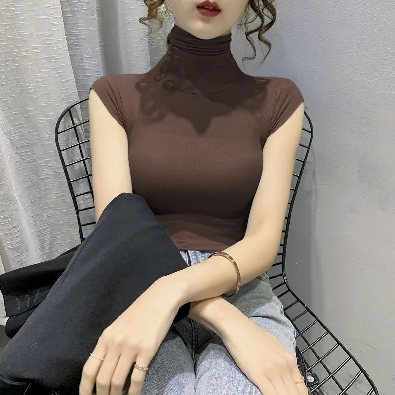 

White T-shirt Women's Fashionable And Stylish Tight Sleeveless Top High-neck Base Layer Worn Inside