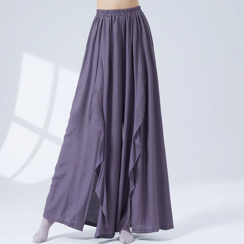 Women Classical Dance Pants Set Long Sleeve Top Wide Leg Elastic Waist Ruffle Streamer Loose Training