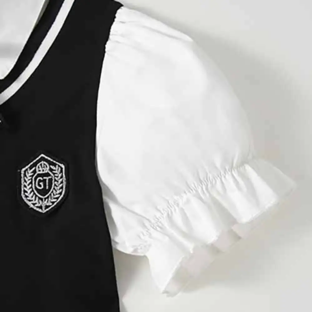 Pleated Girls False Two Dress Short Sleeve Teenagers Summer Dresses Preppy Style Beach Vacation Children A-line Dress Students