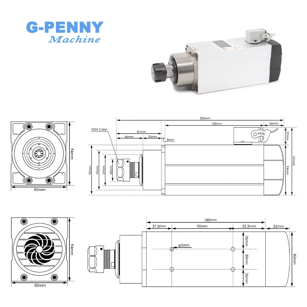 G-Penny 2.2kw ER25 Air Cooled Spindle Motor With /Without Flange CNC 220v /380v Ceramic Ball Bearings Spindle 0.01mm Accuracy