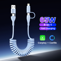 4-in-1 65W Spring Telescopic Fast Charging Cable 6A QC3.0 USB-C to Lightning for iPhone15 14 13 Pro Max Samsung Huawei Xiaomi