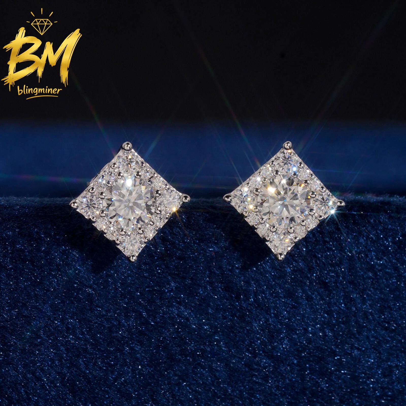 Blingminer New 8MM Square Shape VVS Moissanite Earrings For Men Women S925 Silver Ear Studs Jewelry Pass Diamonds Tester GRA