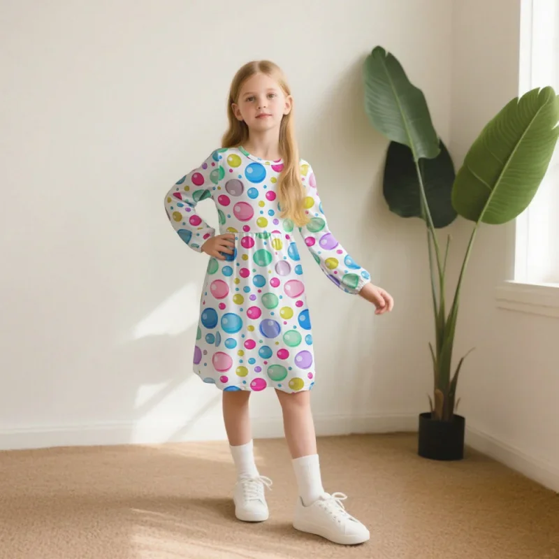

2025 Girls Long Sleeve Floral Print Dress - Flower Pattern Casual for Beach Vacations