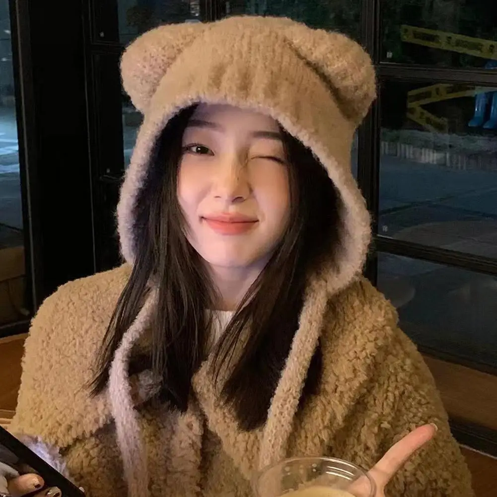 Cute Girl Knit Bear Ear Protection Hat Women Earmuffs Cap Woolen Crochet Bonnet Solid Color Hood Beanies Winter Warm Headgear 모자