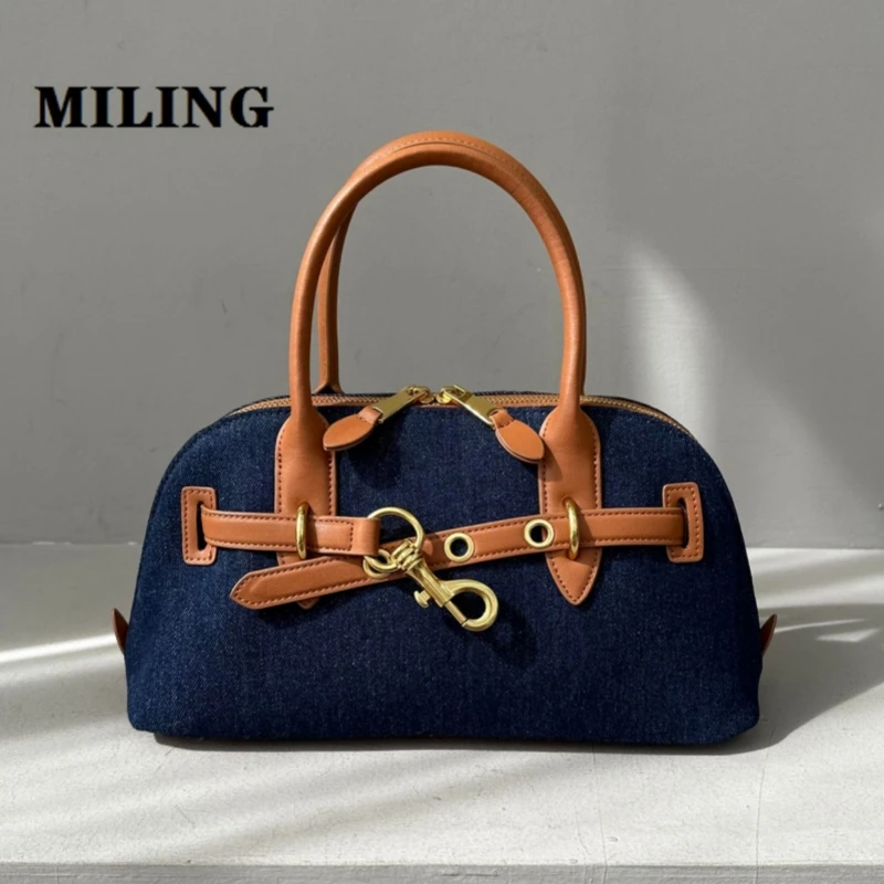 Autumn Winter Women's Denim Bowling Bag Retro Style Shell Bag Fashionable Shoulder Crossbody Bag Female Patchwork Leather Tote