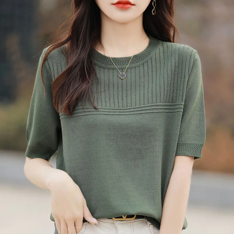 

Summer New Women's Ice Silk Thin Short Sleeve Knitted T-shirt round Neck Korean Style Casual Comfortable Breathable Top