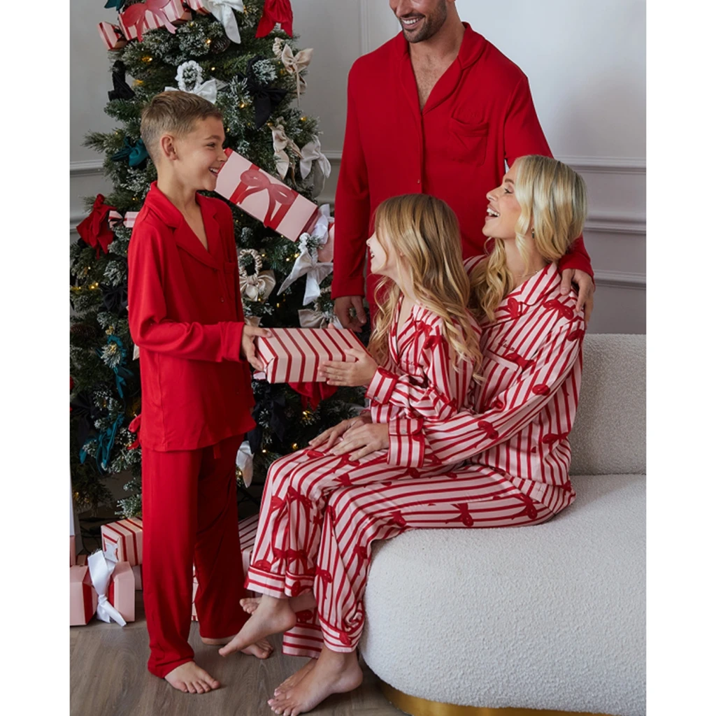 

Family Matching 2pcs Christmas Pajamas Set Lapel Neck Button Long Sleeve Tops + Pants Bow Print Loungewear Outfit