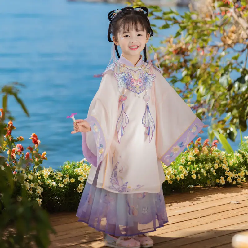 Winter Chinese Traditional Song Dynasty Round Neck Crane Embroidered Big Sleeves Kids Hanfu Robe Christmas Gifts for Girls