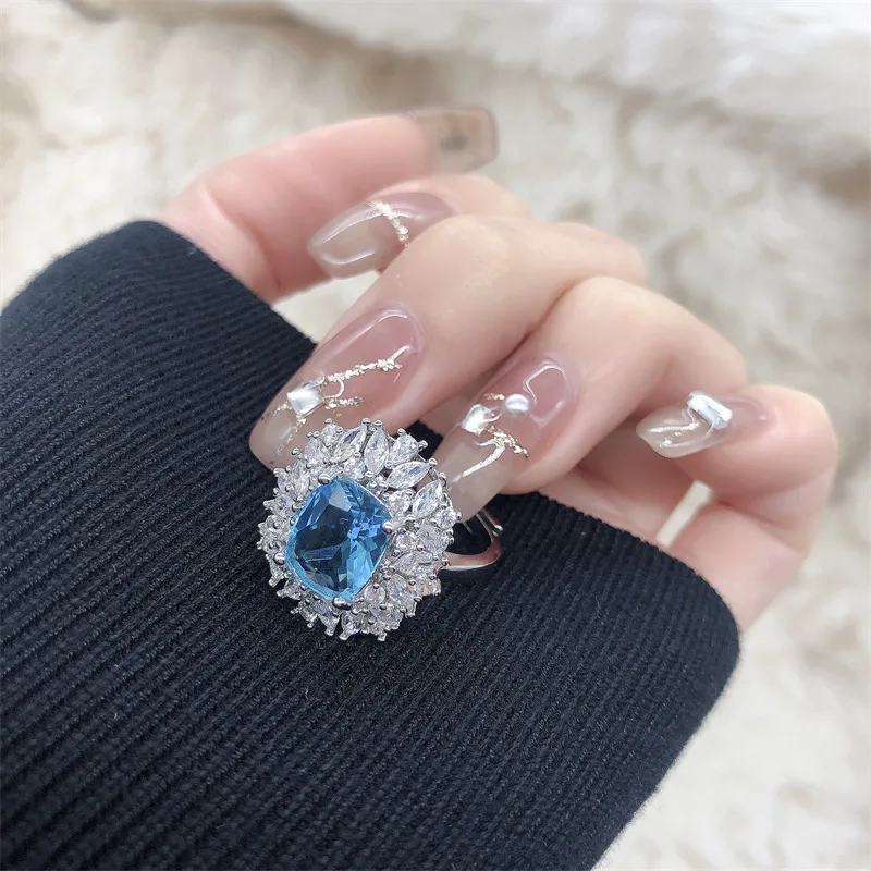 925 sterling silver high-end light sea blue color precious women's ring with adjustable opening, light luxury exquisite jewelry