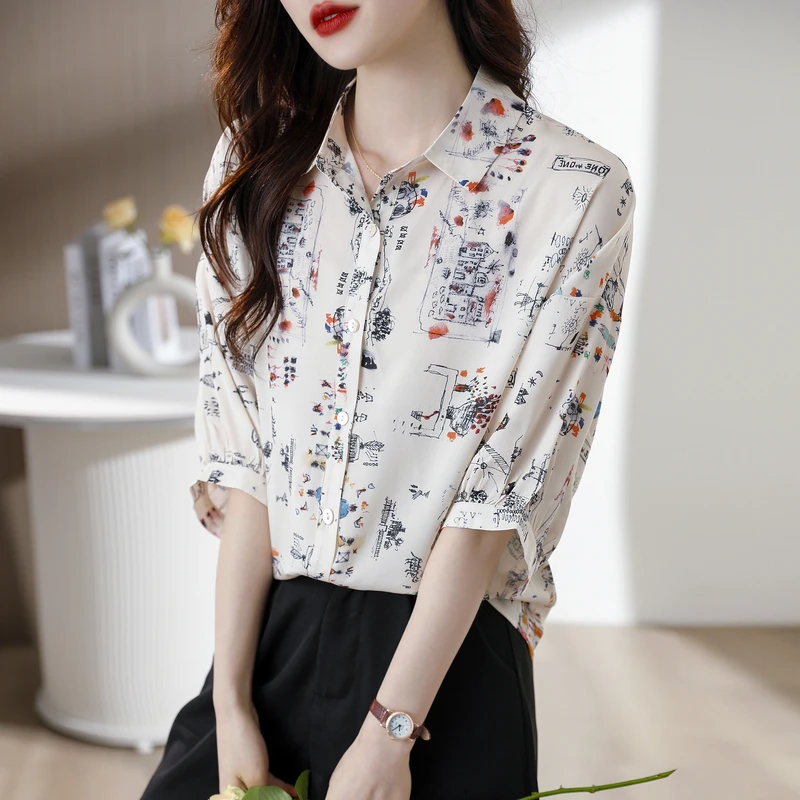 EVNISI Women Floral Printing Chiffon Blouse Polo-Neck Casual Office Shirt Single Breasted Party Tops Loose For Women Blouse