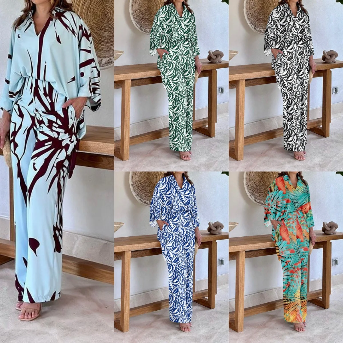 Fashion Print Pants Sets Women Bat Sleeve Lapel T Shirt Wide Legs Trousers Two Piece Set Female Casual Vacation Style Suit New