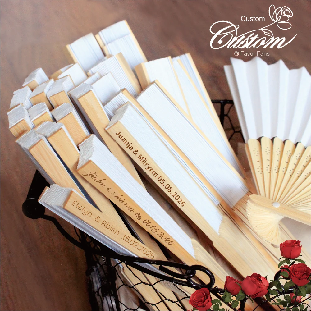 20/30/40/50 Personalized Engraved White Folding Elegant Paper Fans, Used for Bridal Showers, Beach and Weddings, Gift Hand Fans