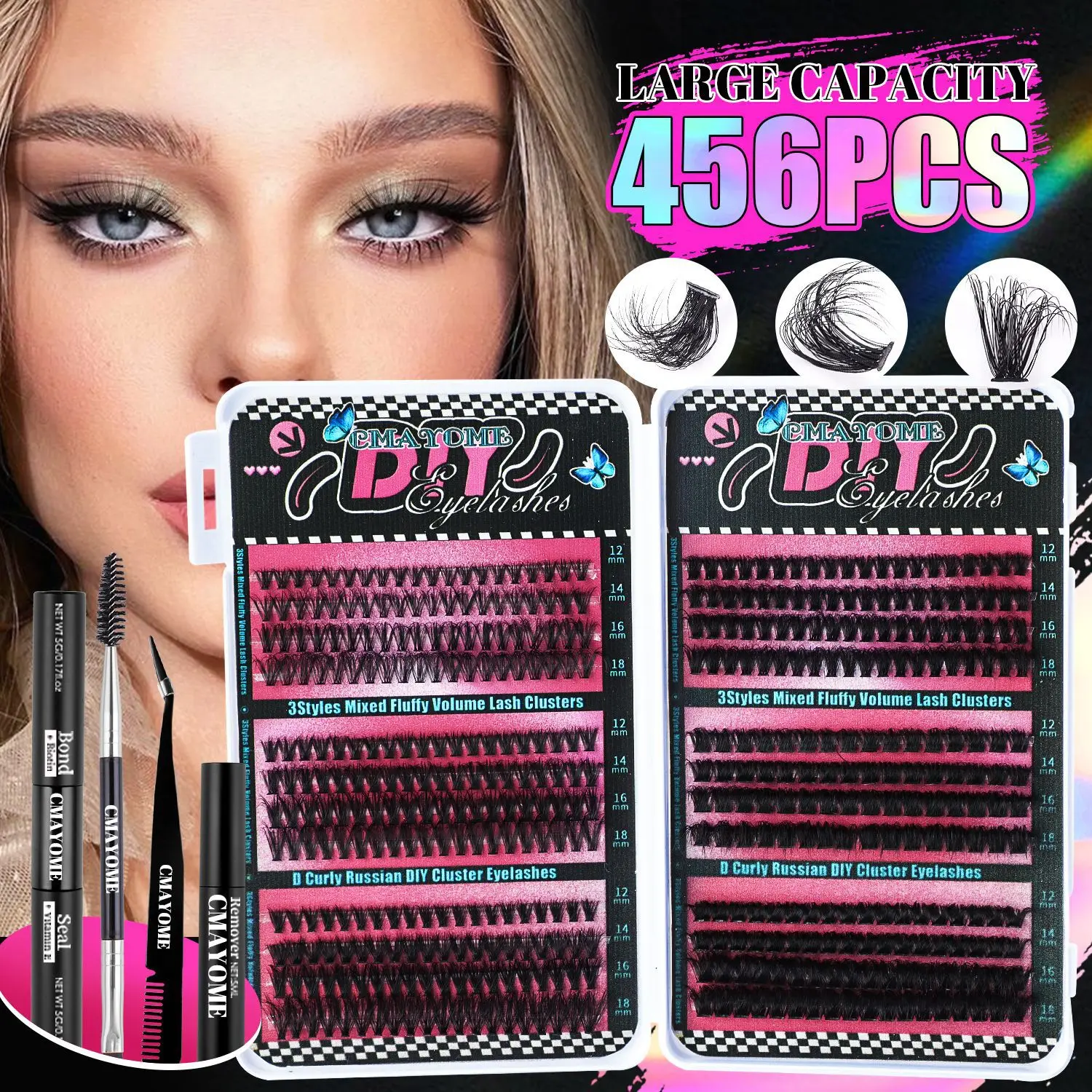 

Eyelashes 456 PCS 12-18mm Clusters Lash Bond and Seal Makeup Tools DIY Lashes Extension Kit for Gluing Lashes Gluing Glue Makeup