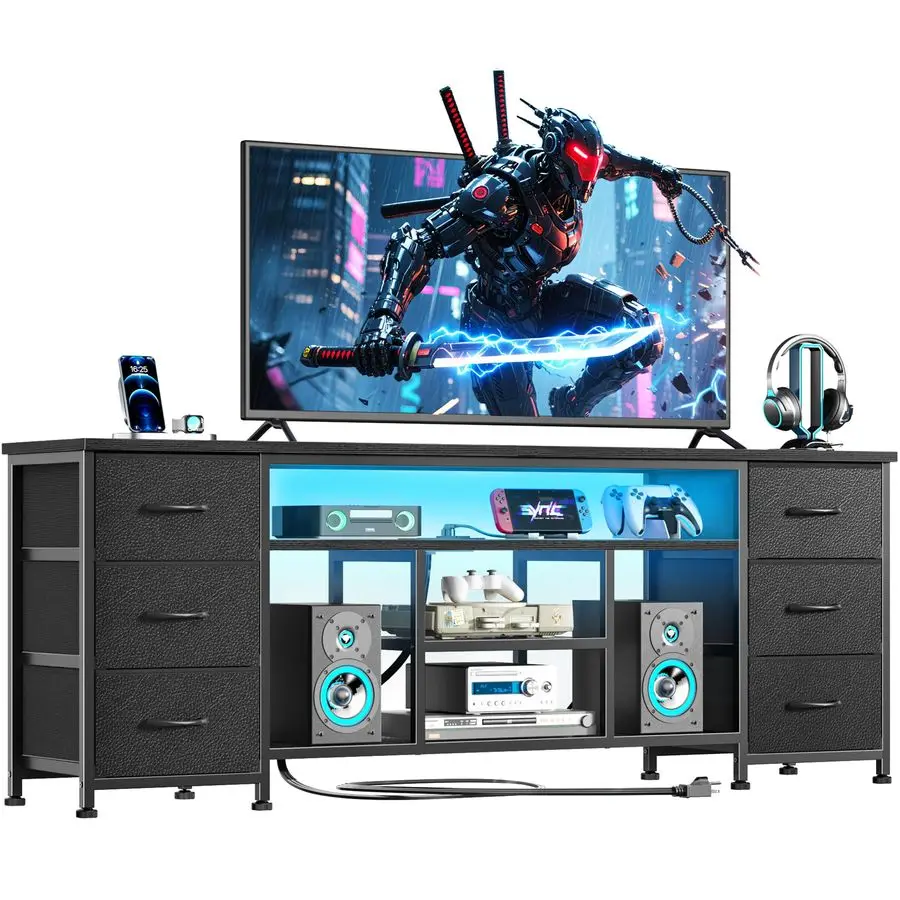 LED TV Stand for 65, 70 Inch TV, 63 Inch Entertainment Center with Power Outlets, 6 Fabric Drawers Dresser for Bedroom, Media Co
