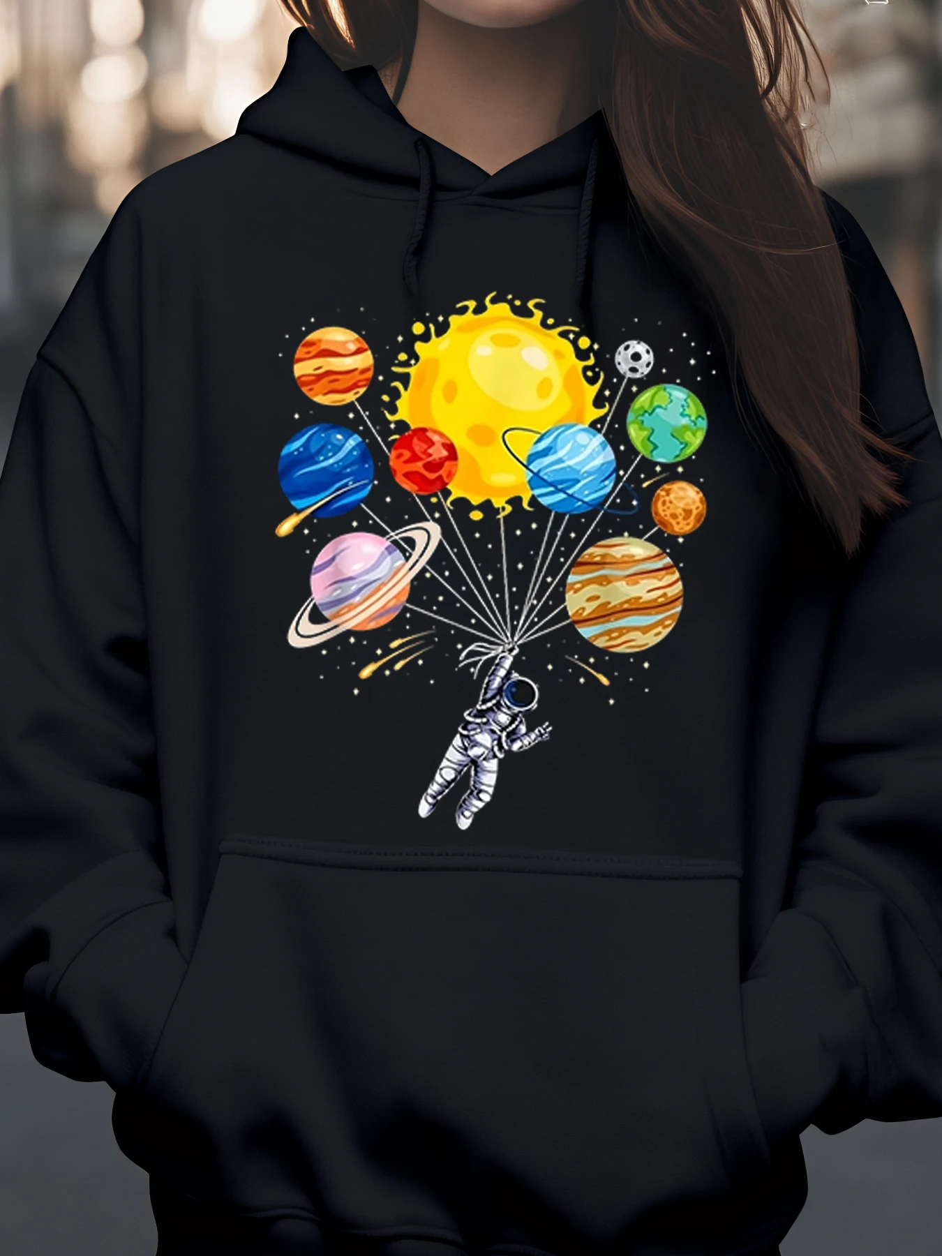 

Astronaut Holding Planets Balloons Solar System Print Hoodie Space Theme Casual Wear Unisex Adult Fashion