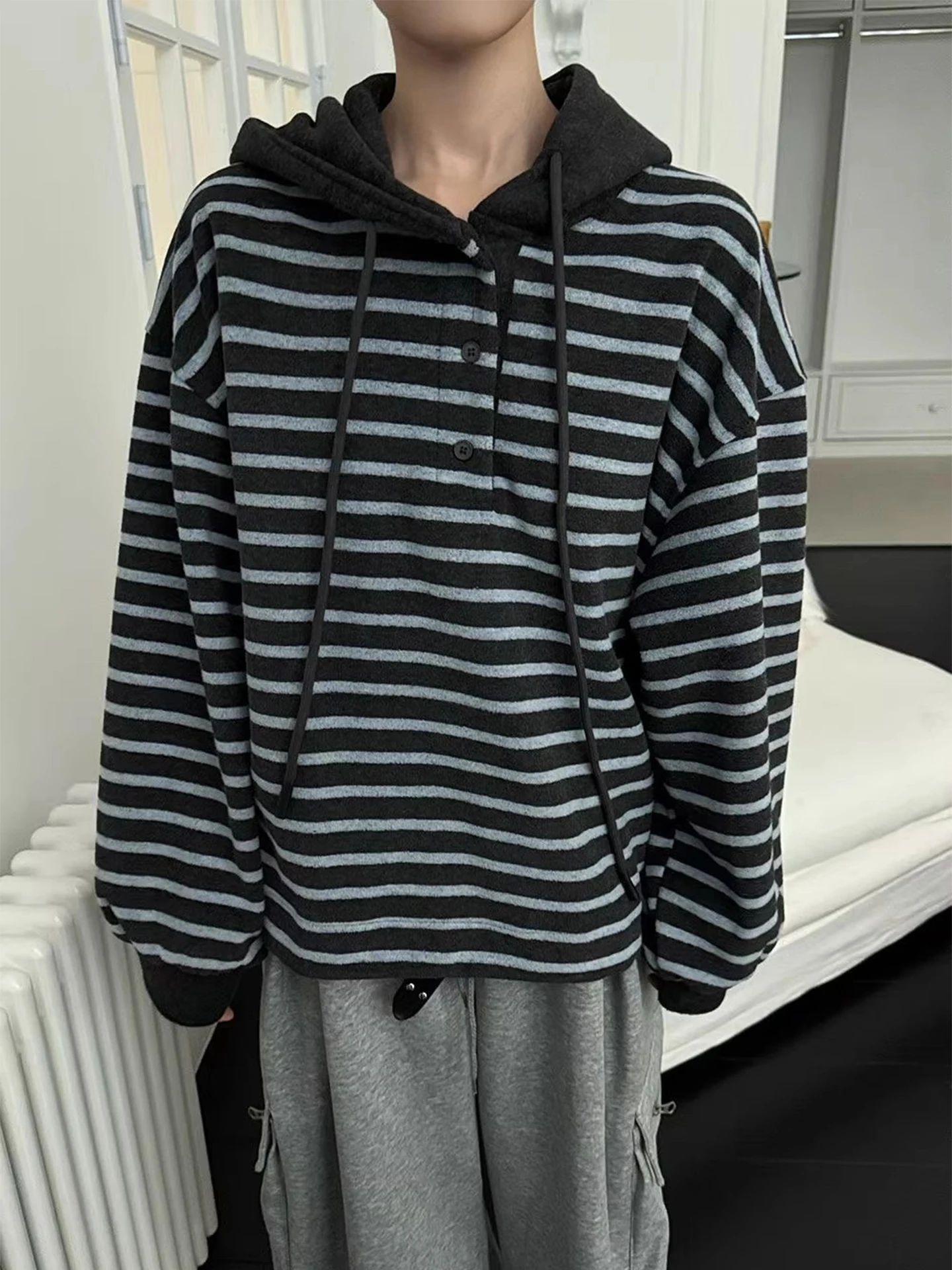 Laid-ba 슬레 컬러 블로 스트라이프 후디 여성용 루즈 따뜻한 면 재킷 끈 달린 겨울 신상 스트리트 패션