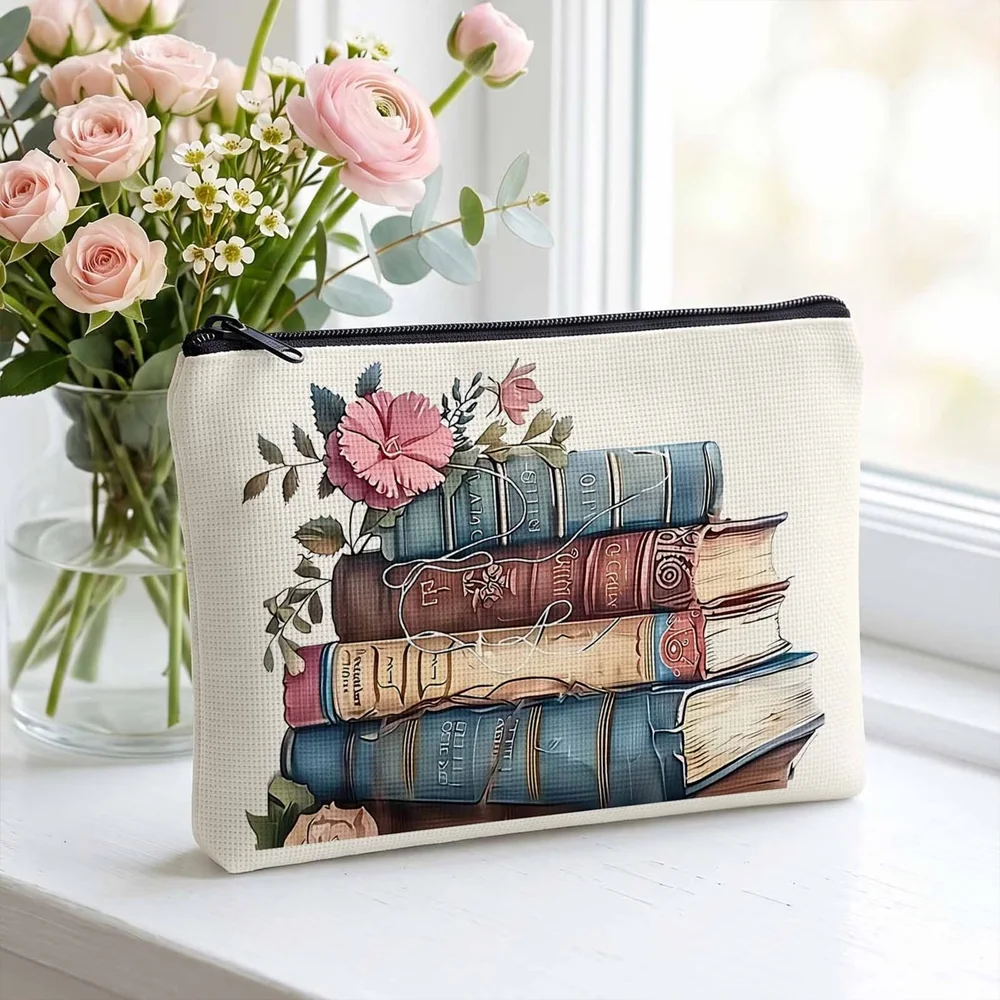 Vintage Book Stack Print Makeup Bag, Simple 2D Book‑Themed Pouch for Students, Great for Travel & Daily Essentials Storage
