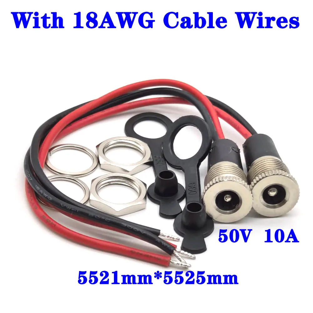 50V 10A DC099 5.5 X 2.1mm and 5.5 X 2.5mm DC Power Socket Threaded Female Connector Adapter with 18AWG Cable Wires DC-099