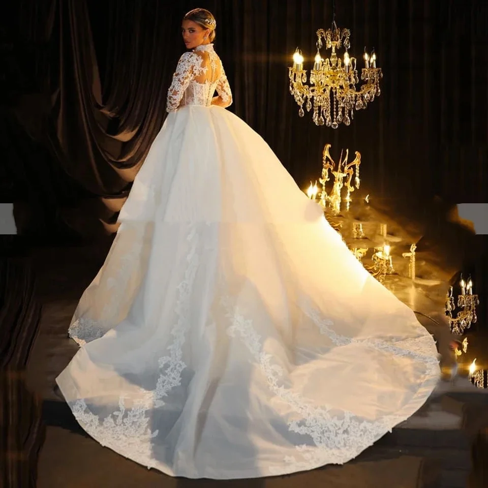 Squisito abito da sposa staccabile con strascico 2025 Abito da sposa bianco con applicazioni a collo alto e maniche lunghe, lunghezza del pavimento, abito personalizzato