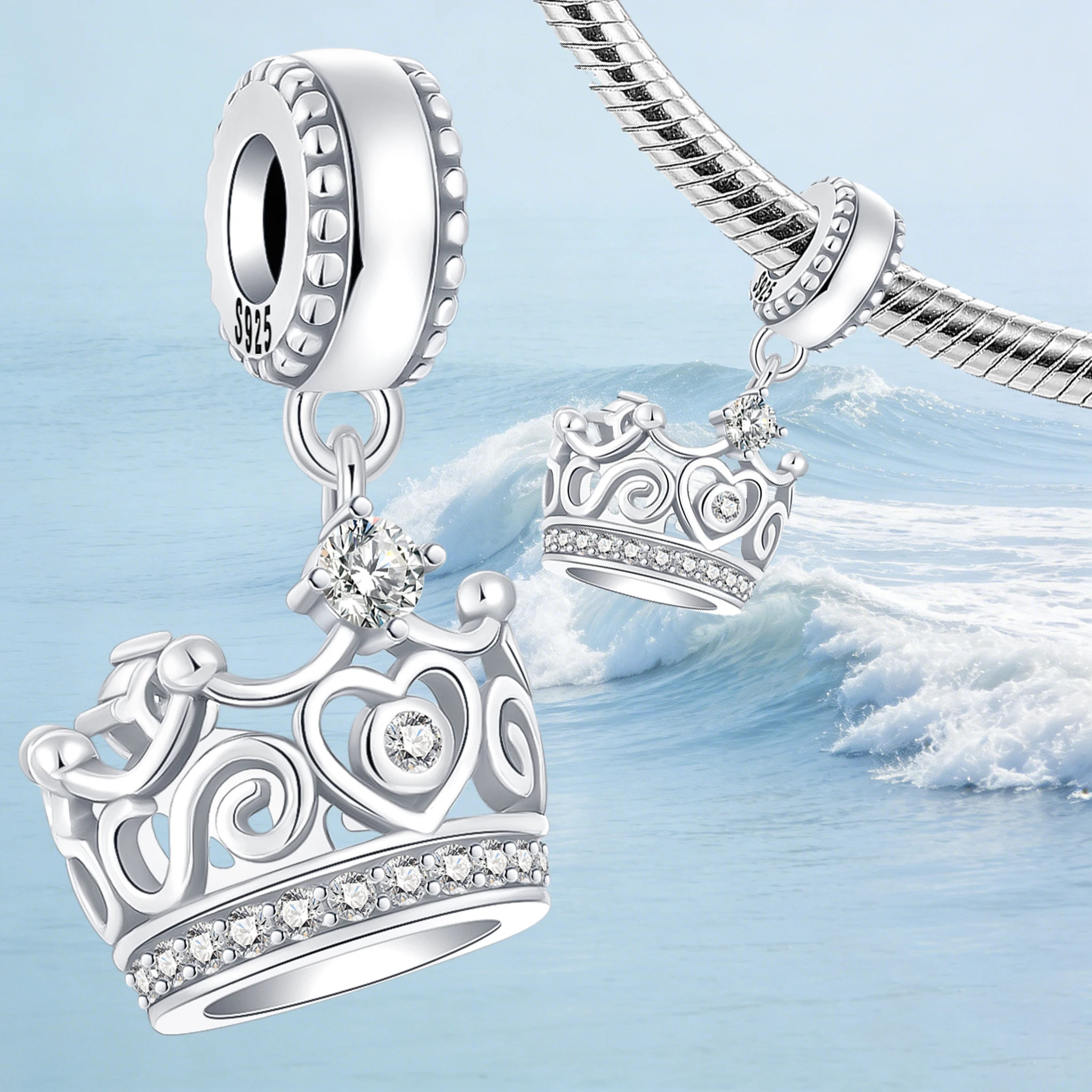 925 Sterling Silver Royal Crown Dangle Charm CZ Paved & Heart Engraving Fit Bracelets Princess & Romantic Jewelry Gift for Women