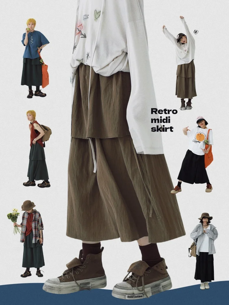 

Retro Japanese Sle Loose A-Line Midi Skirt for Women in Pure Color with Pleats Casual Workwear f-length Skirt