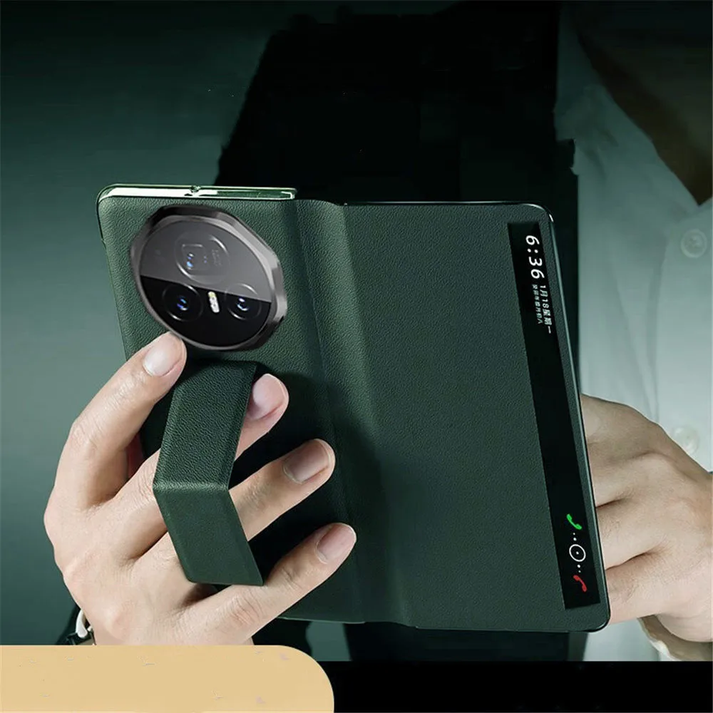 

Genuine Cowhide Leather Magnetic Flip Case for Honor Magic V3 Wristband Window View Cover