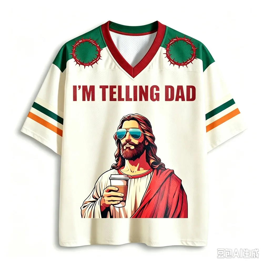 Vintage lustiges Jesus mit Sonnenbrille Kaffee 3D-Druck V-Ausschnitt Oversize-Tops für Herren und Damen Sommer Oversized lässiges Kurzarm-T-Shirt – Detail 7