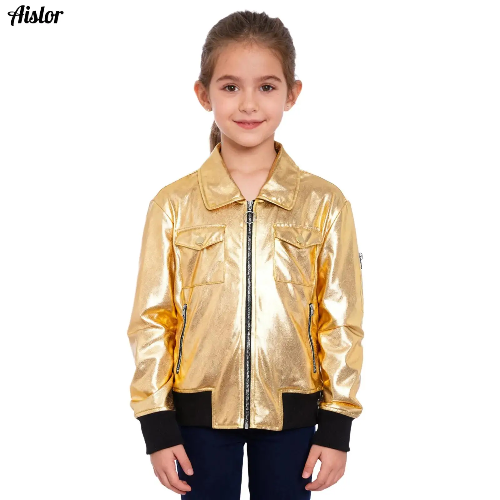 

Kid Girls Metallic Jacket Turn-Down Collar Long Sleeve Contrast Color Zip-Up Coat Outerwear with Pockets for Jazz Hip Hop Dance