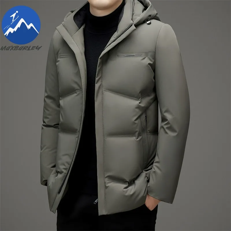 Maxbarley Men Down Jacket Luxury Hood Outdoor Office Lightweight Puffer Jacket Trendy Duck Down Hiking Thicken Warm Winter Coat