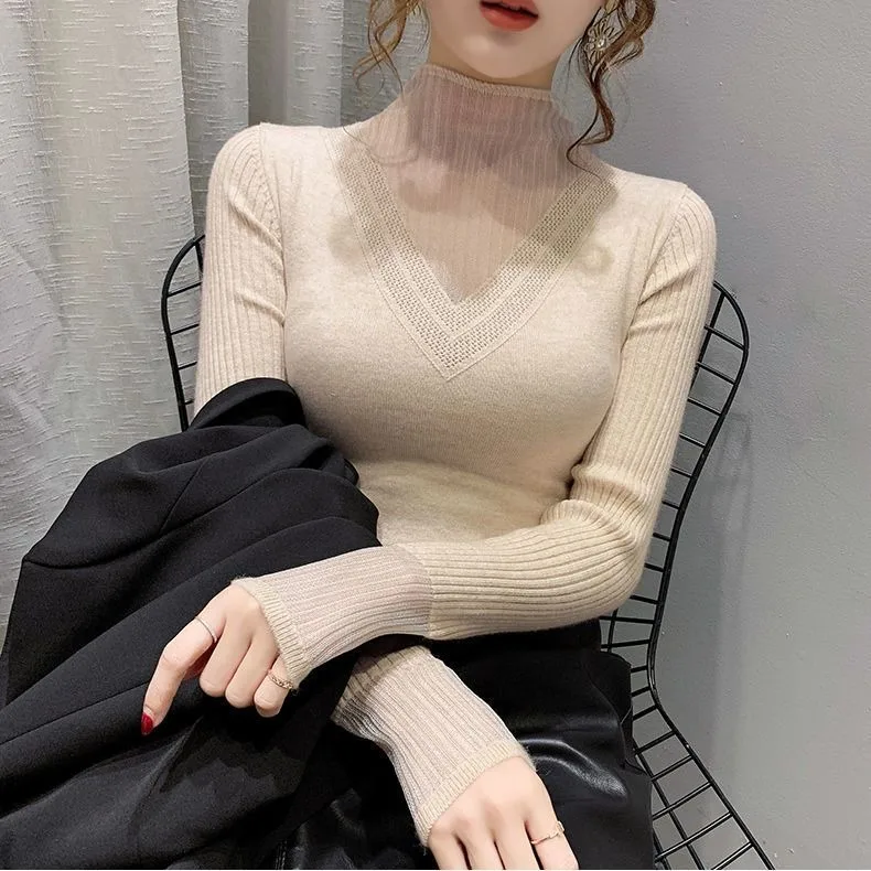 

Autumn Winter Women's Knitted Long Sleeve Top High Neck Mesh Splicing Hoodie Inner Wear Casual Basic Color Turtleneck
