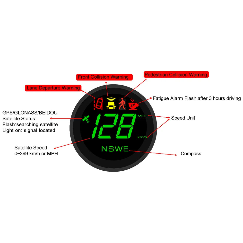ELING HUD 2.75 Inches ADAS GPS Speedometer 299KM/H MPH Inertial GPS Speed Module with Overspeed Alarm High Resolution View