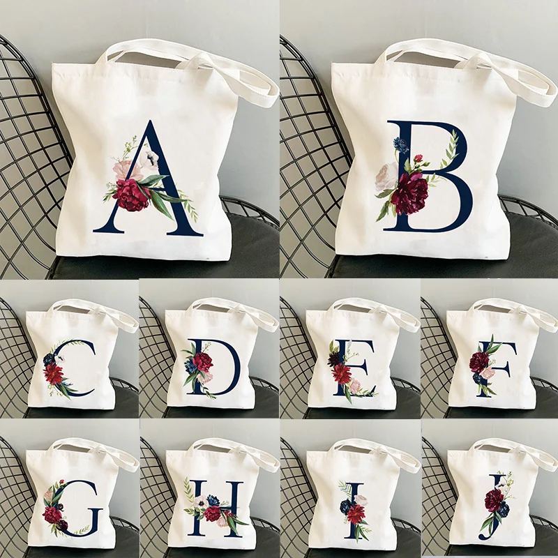 Fashion shopper White shoulder bags Tote bag BAG Black Flower Letters Custom Name DIY Shopping Bag Print Women Shopper Bag Women