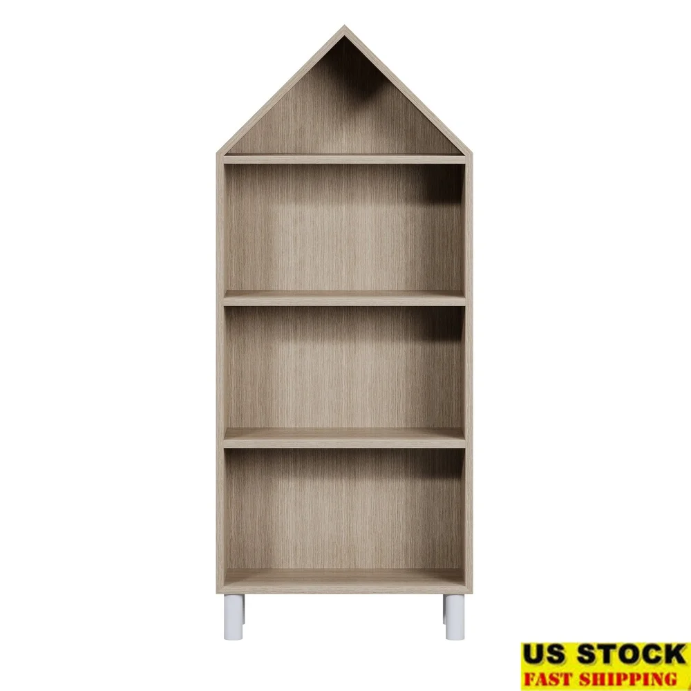 

Natural House Shaped Kids Bookshelf Durable Manufactured Wood Sturdy Storage Organizer 3 Shelves Playroom Bedroom Kids Furniture