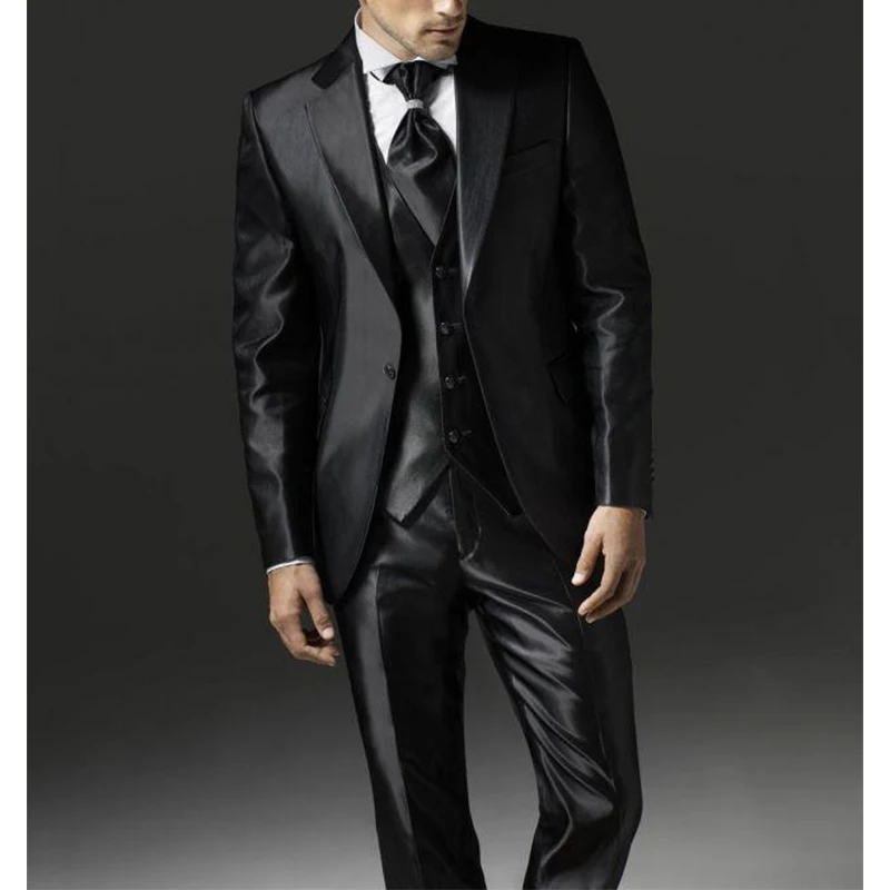 2024 New Style Black Two Bottom Satin Beach Men Suit Men's Wedding Prom Suits 3 Pieces(Jacket+Pant+Vest)Traje De Novio Para Boda