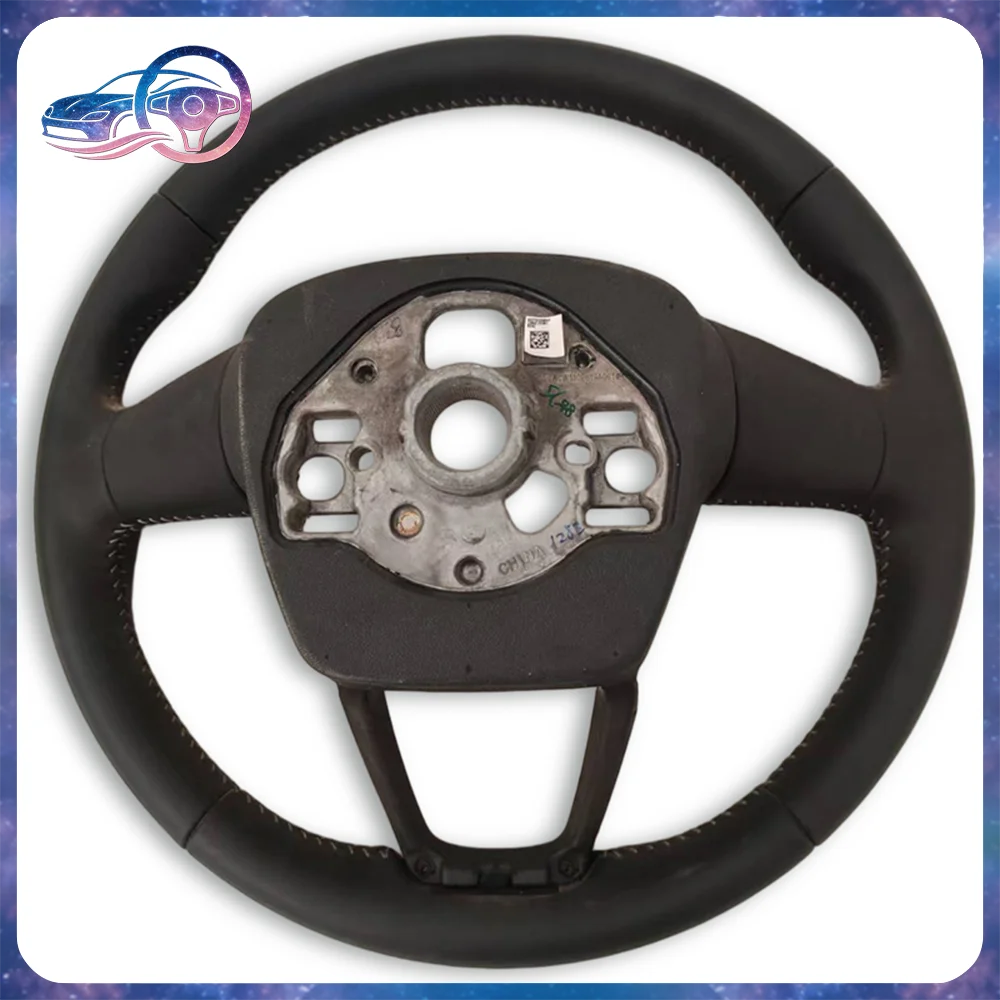 Premium Leather Full-Size  for Audi Q3L Steering Wheel Center Pad - White Strip, Complete Hub Protection