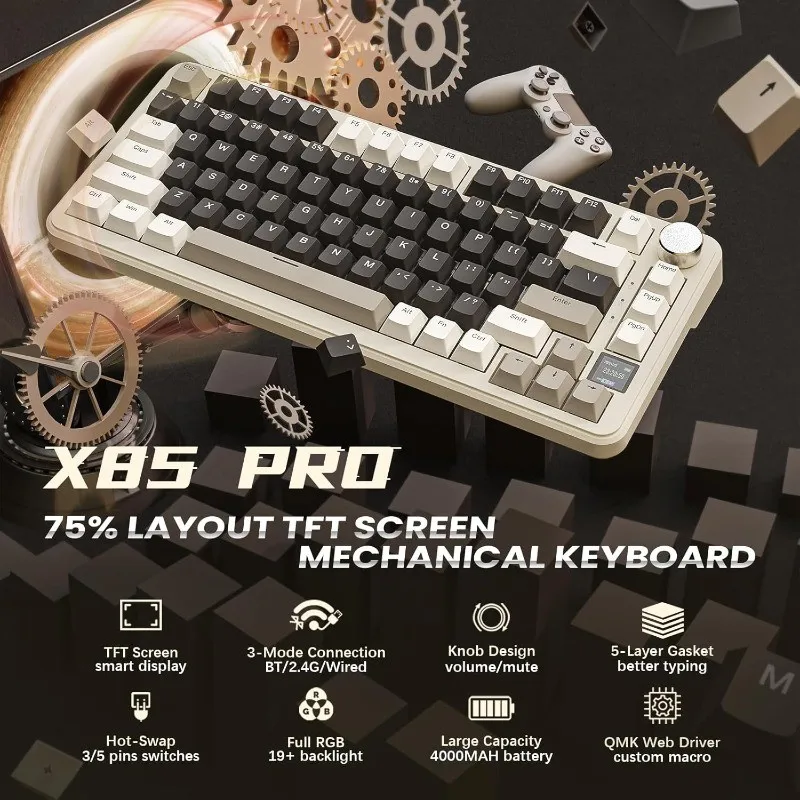 

ATTACK SHARK X85PRO Mechanical Keyboard Hot Swappable 75% Triple-Mode TFT Display & Knob RGB Gasket Mount for PC/MAC