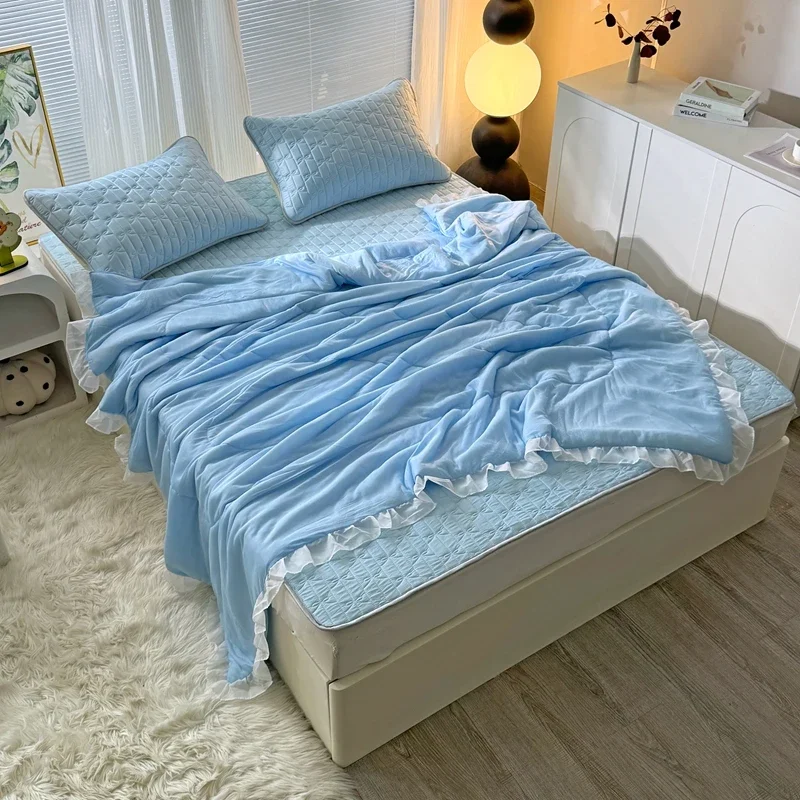 Solid Blue Summer Quilt Core Cool Quilts Ice Silk Air Conditioner Quilt Washable Comforter Blanket Fabric Lace Ruffles Bedding