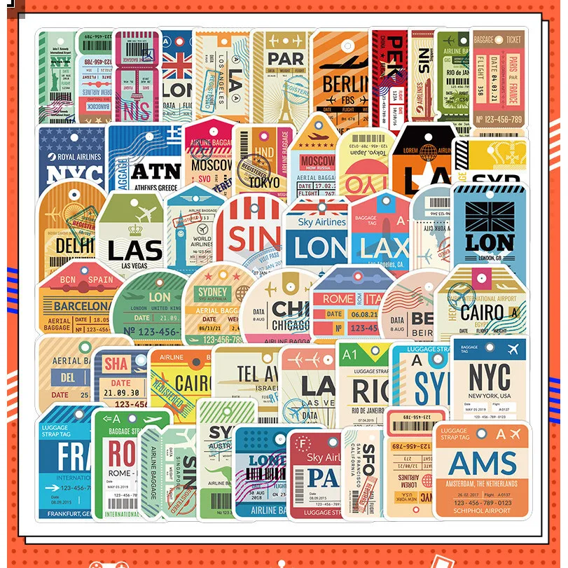 50PCS Retro Airplane Ticket Stubs Waterproof Graffiti Stickers for Helmet Bicycle Hand Account Pencil Case Decals