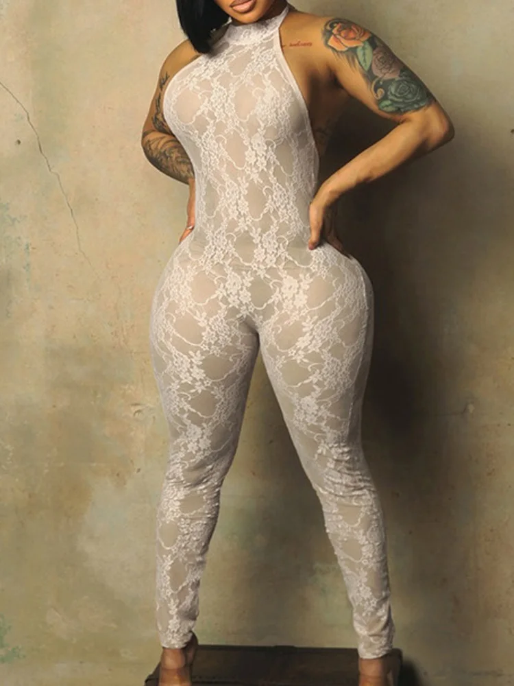 

Womens Club Sexy Lace Jumpsuits 2026 Fashion Thin Summer Halter Open Back Night Out Party Sheer Mesh Bodycon One Pieces Rompers