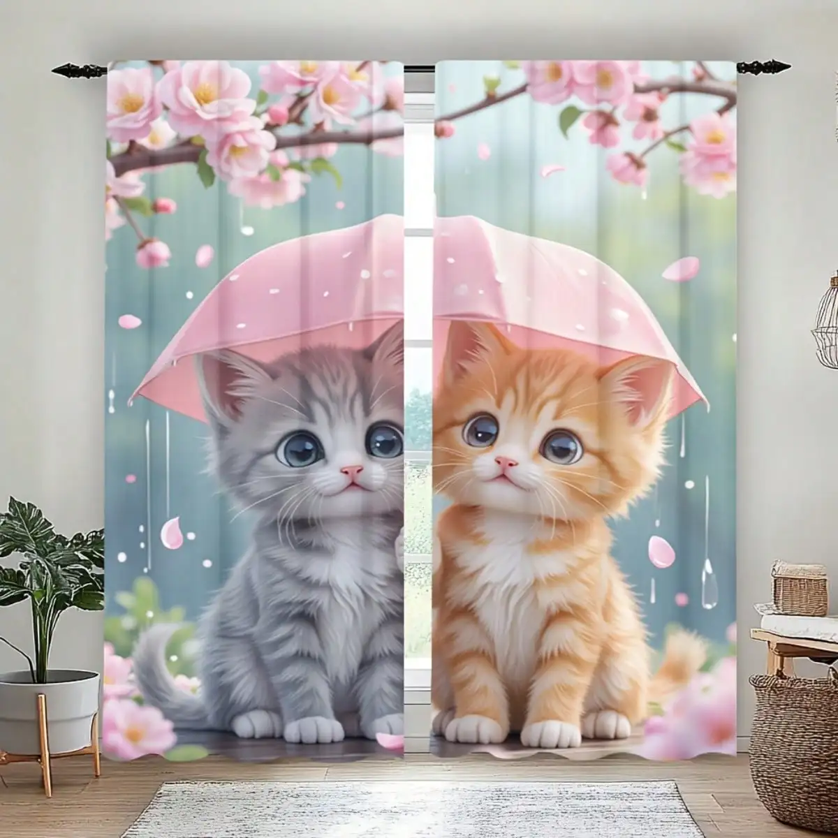 2pcs Adorable Kitten & Cherry Blossom Print Curtains - Easy-To-Hang Pole Pocket Design, Machine Washable Polyester