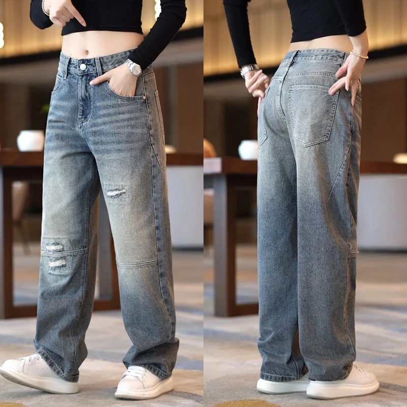 

Мужские джинсы American Sle Spliced: модные, универсальные, повседневные брюки с драпировкой и прямым кроем, хлопковые, молодежные, с дырками, для повседневной носки