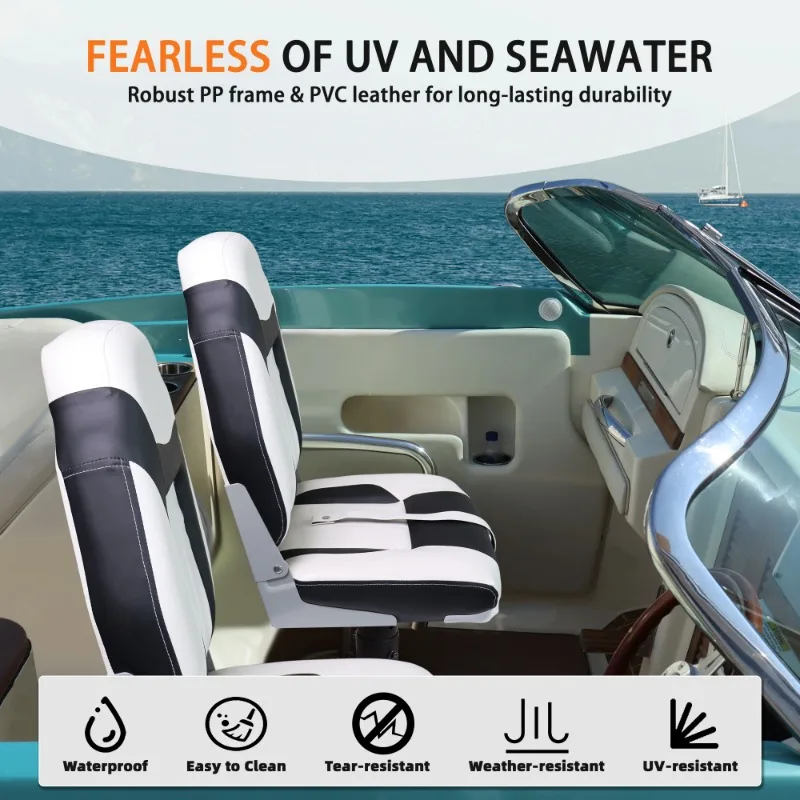High Back Boat Seats White and Black 2 Pack Fold Away Boat Seat Fishing Chair Marine Folding Seat